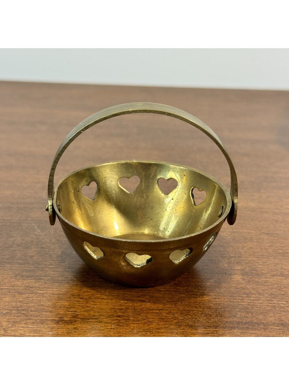 Vintage Small Brass Basket Heart Cutouts Made in India Moveable Handle 2.5" Wide